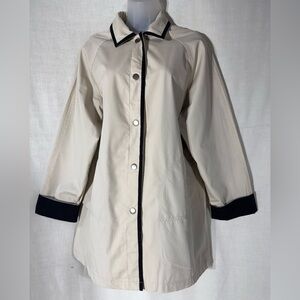 Vintage Mystic Harbor Elegant Beige Trench Coat with Black Accents Sz Small